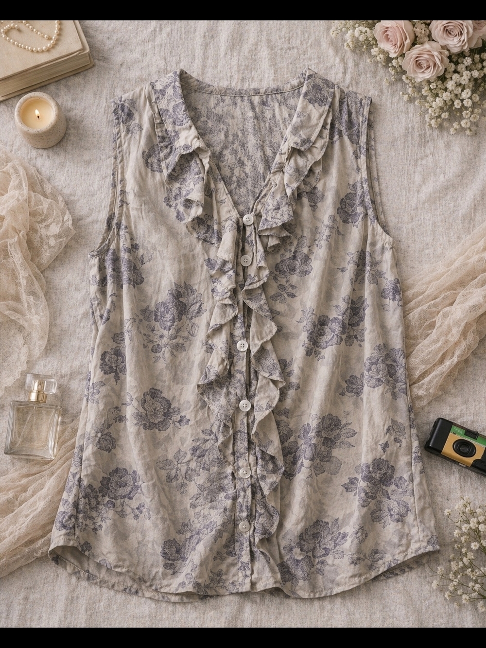 CAbi 100% Silk Ruffle Front Blouse XL Gray Blue Floral Sleeveless Top